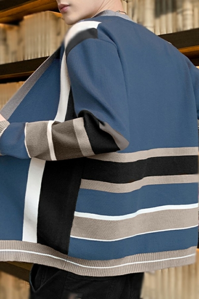 Leisure Cardigan Striped Print Rib Cuffs Long Sleeve Ribbed Trim Regular Fit Cardigan for Guys