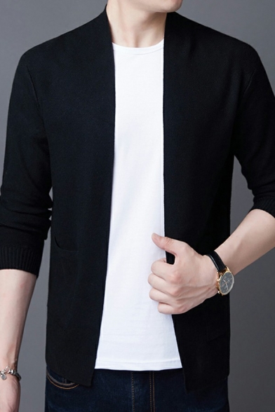 Men Sporty Cardigan Solid Color Collarless Front Pocket Rib Cuffs Long Sleeves Oversize Cardigan