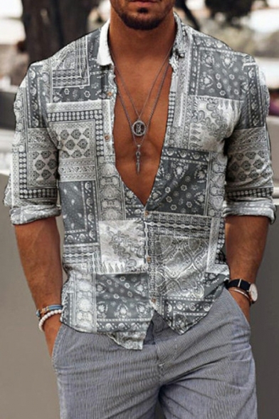 Men Street Style Shirt Scarf Printed Turn-down Collar Long Sleeves Slimming Button Placket Shirt