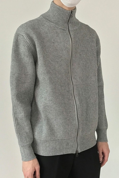 Men Stylish Cardigan Solid Color Stand Collar Full Zip Long Sleeve Relaxed Fit Cardigan