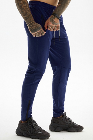 Men Stylish Drawstring Pants Pure Color Mid Rise Pocket Detail Slim Fit Pants