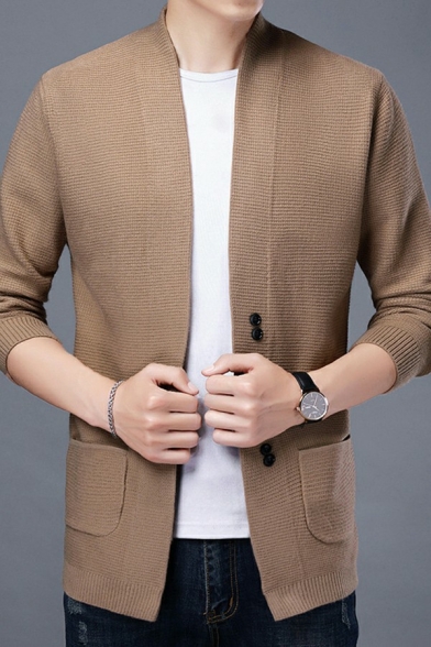 Modern Cardigan Pure Color Button Closure Long Sleeve Pocket Detail Relaxed Cardigan for Men