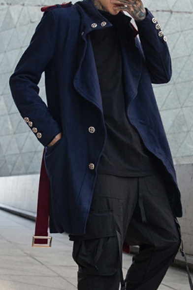 Modern Trench Coat Solid Collar Button-up Long-sleeved Loose Fit Trench Coat for Men