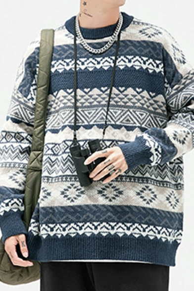 Retro Men's Jacquard Sweater Tribal Pattern Crew Neck Long-Sleeved Loose Fit Sweater