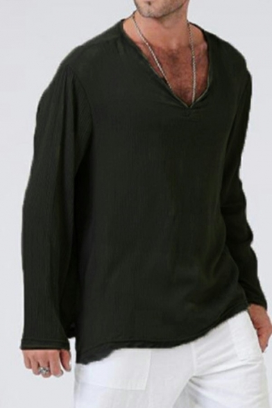 Retro T-Shirt Solid Color V-Neck Long Sleeve Relaxed Fit T-Shirt for Men
