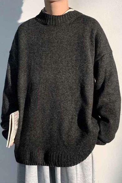 Simple Men's Sweater Plain Mock Neck Long-Sleeved Loose Fit Pullover Sweater