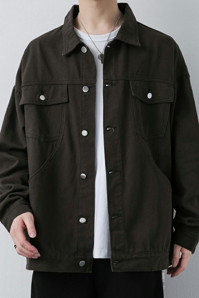 Street Look Plain Men's Jacket Spread Collar Single Breasted Chest Pockets Oversized Denim Jacket