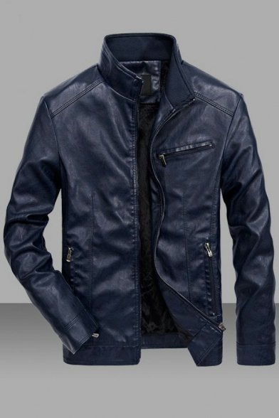 Urban Mens Jacket Solid Zip Pocket Stand Collar Long Sleeve Regular Fit Zip Closure Leather Jacket