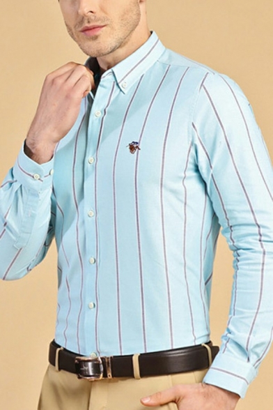 Vintage Shirt Striped Print Embroidery Decoration Button Up Slim Long Sleeve Shirt for Men