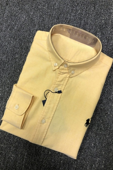 Warm Men's Shirt Turn-Down Collar Embroidery Long Sleeves Regular Fit Shirt