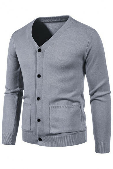 Basic Cardigan Whole Colored V-Neck Long Sleeves Slimming Button Decorate Cardigan for Guys