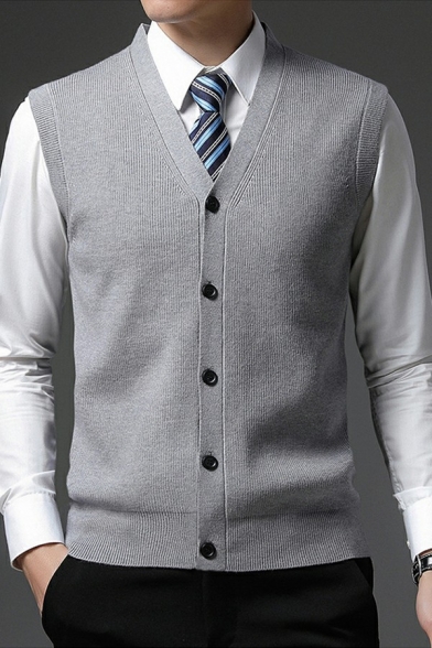 Basic Designed Suit Vest Solid Color Button Up Sleeveless Slim Fit Suit Vest for Men