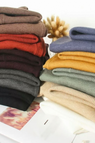 Basic Mens Sweater Whole Colored Rib Cuffs Long-sleeved High Collar Loose Fitted Pullover Sweater