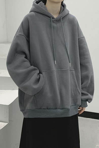 Boy's Fashionable Hoodie Plain Pocket Detailed Long-Sleeved Baggy Hooded Drawcord Hoodie