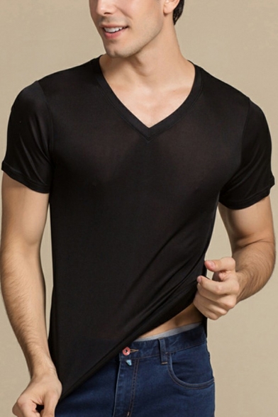Boyish T-Shirt Solid Color V-Neck Short-Sleeved Slim Fitted T-Shirt for Men