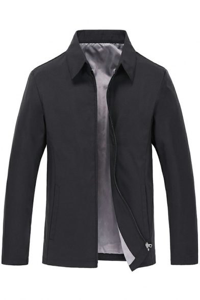 Business Plain Mens Jacket Zip Fly Pockets Detail Turn Down Collar Regular Fit Jacket