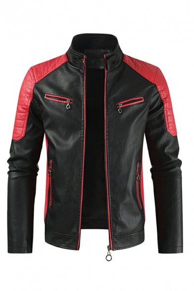 Casual Guys Jacket Contrast Color Stand Collar Long-Sleeved Skinny Zipper Leather Jacket