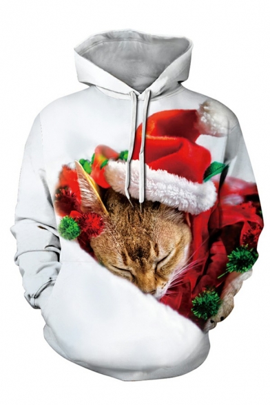 Chic Men's Hoodie 3D Cat Print Pocket Front Relaxed Fit Long-Sleeved Hoodie with Drawstring