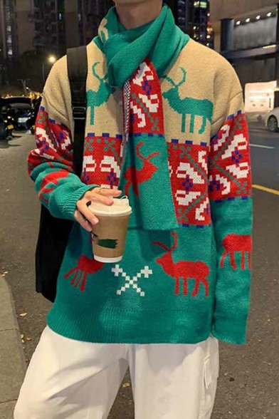 Chic Men's Sweater Deer Pattern Crew Neck Long Sleeves Loose Fitted Sweater