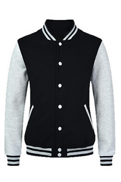 Chic Varsity Jacket Color-Blocked Button down Long Sleeves Stand Collar Fitted Jacket for Men