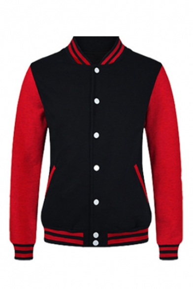 Chic Varsity Jacket Color-Blocked Button down Long Sleeves Stand Collar Fitted Jacket for Men