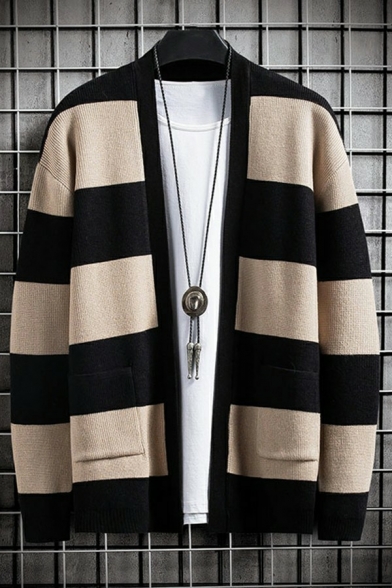 Cool Cardigan Color Panel Open Front Baggy Long Sleeve Cardigan for Men