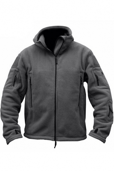 Cool Solid Color Jacket Zip Closure Multi Pockets Long Sleeves Hooded Jacket for Men