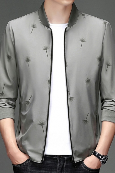 Elegant Mens Varsity Jacket Zip Closure Dandelion Print Long Sleeve Regular Fit Jacket