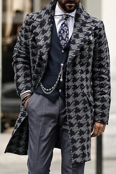 Fashion Coat Houndstooth Print Lapel Collar Long Sleeve Knee Length Button-up Pea Coat for Guys