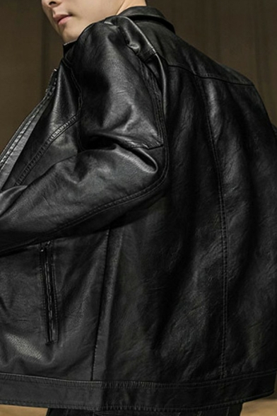 Fashionable Guy's Jacket Solid Color Spread Collar Long Sleeve Regular Zipper Leather Jacket