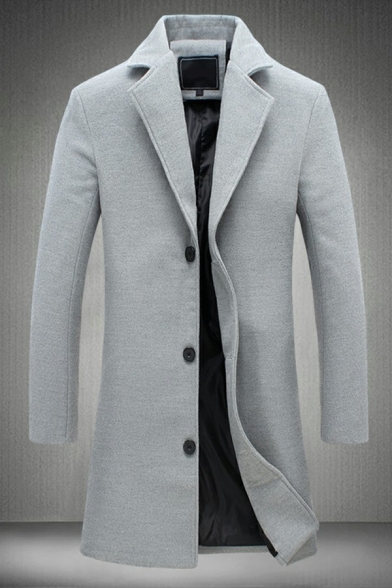 Guy's Fashion Coat Plain Lapel Collar Long Sleeves Relaxed Fit Button Placket Pea Coat