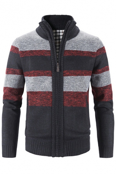 Guy's Hot Cardigan Contrast Color Pocket Designed Stand Collar Slimming Long Sleeves Zipper Cardigan