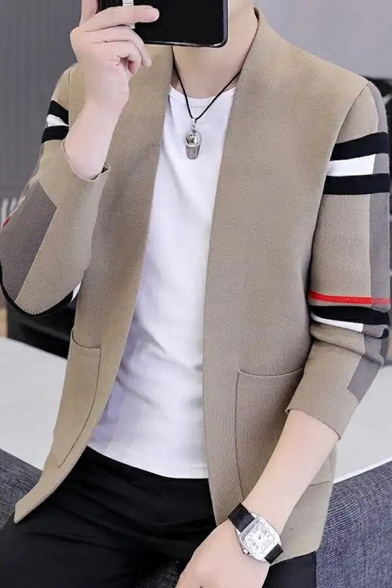 Guy's Trendy Cardigan Arm Contrast Line Pocket Stand Collar Relaxed Long Sleeves Open Front Cardigan