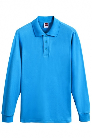 Guys Cozy Polo Shirt Pure Color Button Up Turn Down Collar Fitted Long Sleeves Polo Shirt