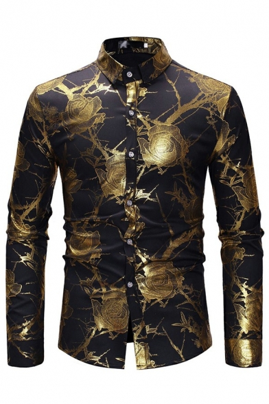 Guys Fancy Shirt Hot Stamping Floral Pattern Button Placket Turn-Down Collar Fit Long Sleeves Shirt