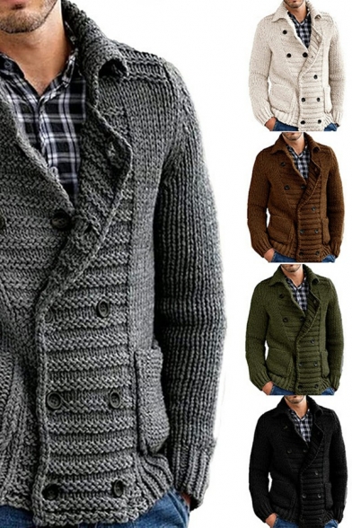 Guys Formal Cardigan Solid Color Double Button Collar Long Sleeves Cardigan