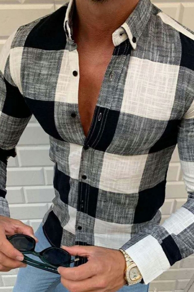 Leisure Mens Shirt Button down Plaid Print Long-Sleeved Turn down Collar Slim Fit Shirt