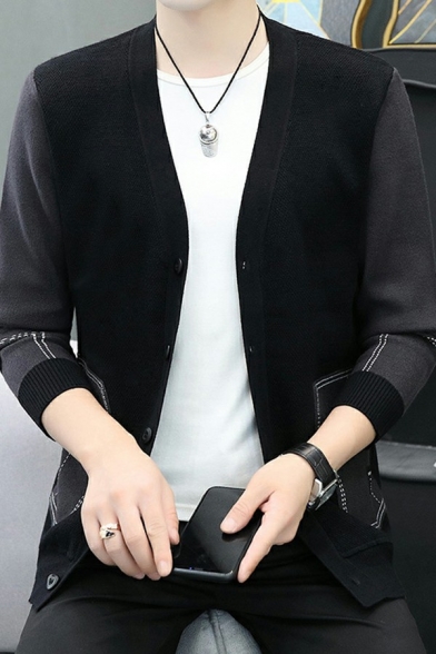 Men Chic Cardigan Color-Block V-Neck Front Pocket Button Closure Long-Sleeved Relaxed Cardigan