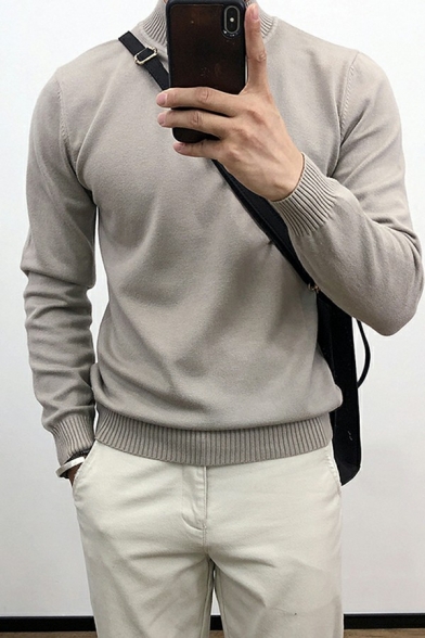 Men Fashionable Pullover Solid Long-sleeved Rib Cuffs Mock Neck Loose Pullover