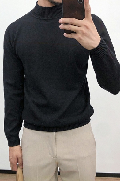 Men Fashionable Pullover Solid Long-sleeved Rib Cuffs Mock Neck Loose Pullover
