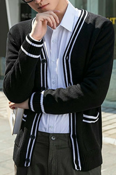 Men's Fashion Cardigan Contrast Line V-Neck Pocket Detailed Button Placket Long Sleeves Cardigan