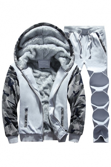 Men's Thick Co-ords Camo Pattern Zip Fly Pocket Long Sleeves Hooded Long Length Pants Co-ords