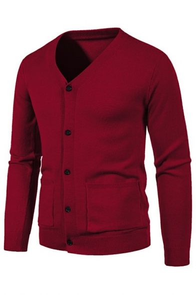 Men Urban Cardigan Plain V-Neck Button up Front Pocket Long Sleeve Slim Fit Cardigan
