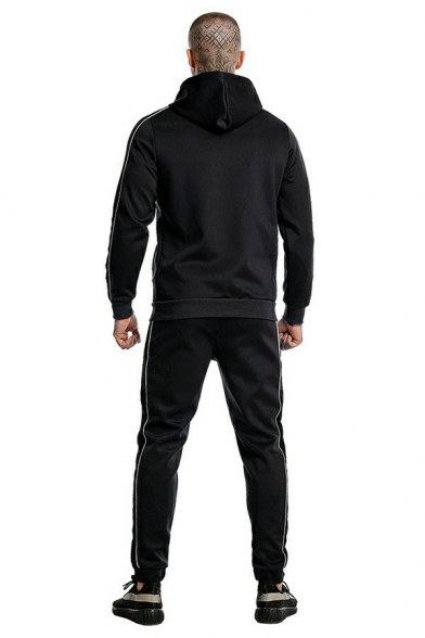 Men Urban Set Contrast Line Drawcord Regular Long-Sleeved Hooded Zip Fly Hoodie with Pants Co-ords