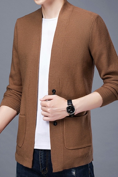 Mens Basic Cardigan Sweater Solid Color V-Neck Long-Sleeved Button Closure Slim Fit Cardigan Sweater