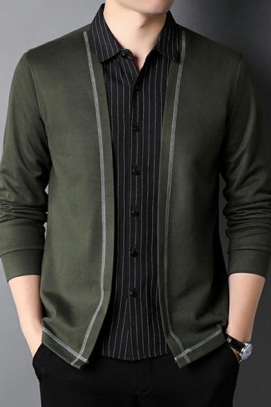 Mens Retro Cardigan Pure Color Stitching Detailed Regular Long Sleeve Open Front Cardigan