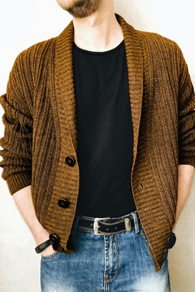 Mens Street Look Cardigan Sweater Plain Long Sleeve Lapel Collar Button Closure Regular Fit Cardigan Sweater