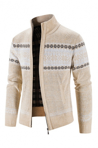 Mens Trendy Cardigan Color Block Stand Collar Long Sleeves Button Closure Regular Fit Cardigan Sweater