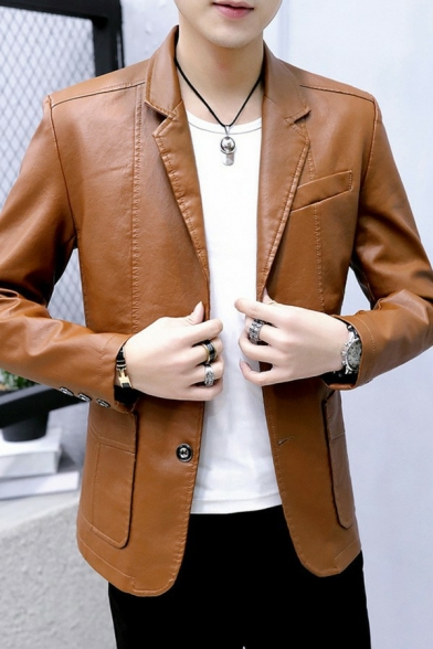 Modern Jacket Pure Color Pocket Long Sleeves Lapel Collar Relaxed Fit Leather Jacket for Men