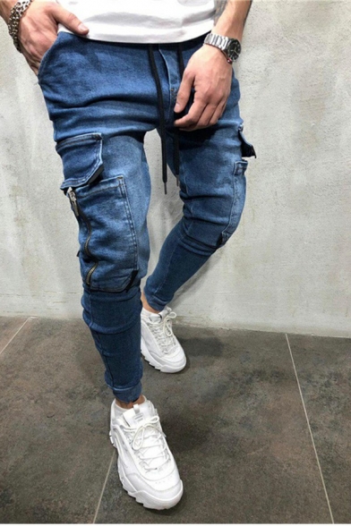 Modern Men Jeans Plain Dark Wash Mid-Rised Pocket Detail Zipper Placket Long Length Slim Fitted Jeans
